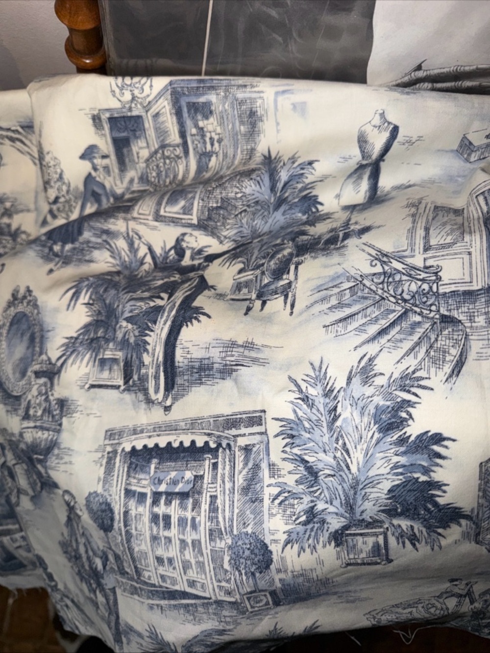 Blue and White Toile Fabric Print VTG Dior 6’x4.5’